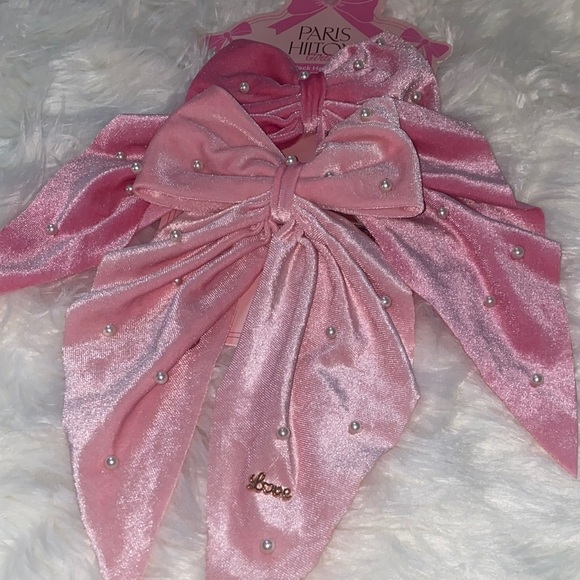 Paris Hilton Pink Velvet Hair Bow with Pearls